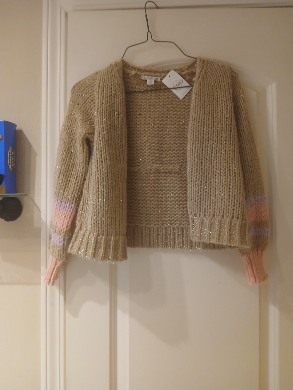 Beige Open-Front Knit Cardigan with Pink Accent Sleeves